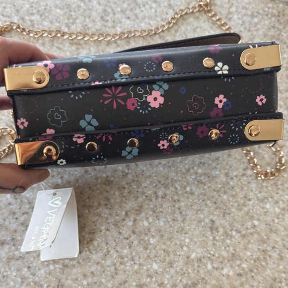 Floral Black Handbag with Gold Chain Vegan - Picture 3 of 7